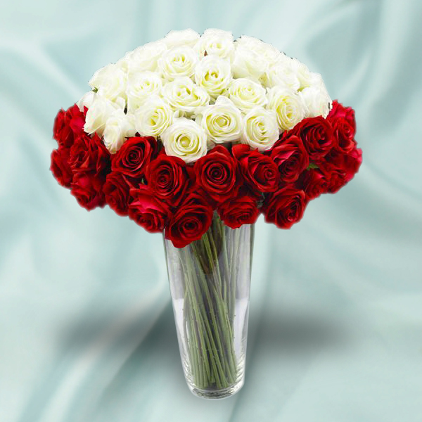 25 White Roses & 25 Red Roses with Vase