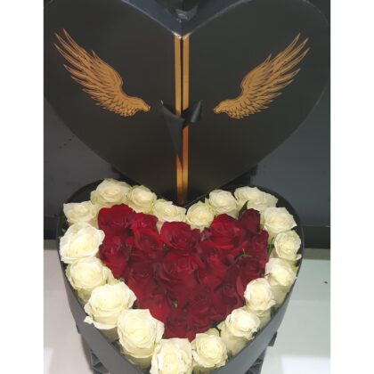 Heart Box With White and Red Roses