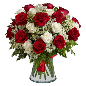 15 Red Roses & 15 white Roses with Vase