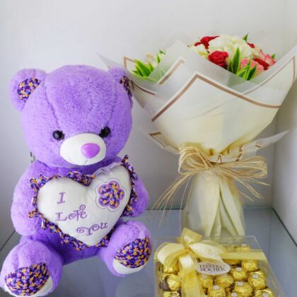 Bouquet with teddy bear and chocolate
